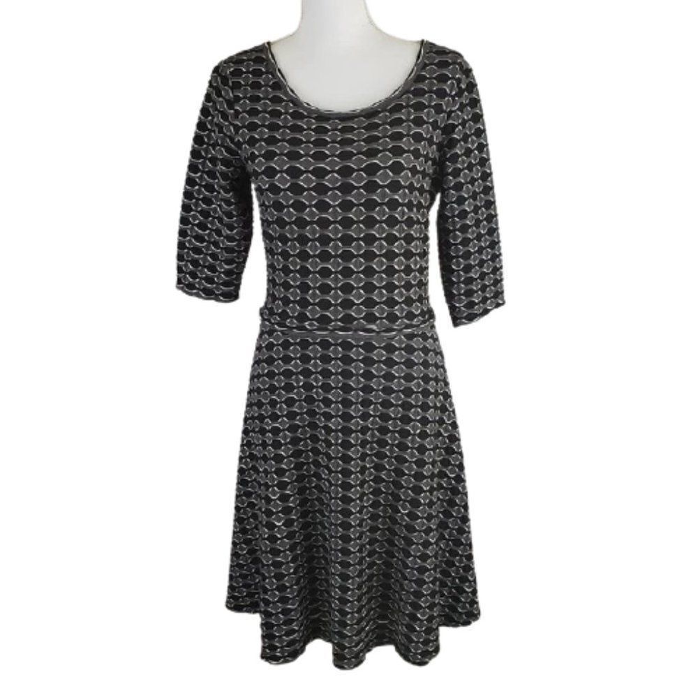 Max Studio Women’s Geometric Fit & Flare Dress Scoop Neck, Black/Grey Gray